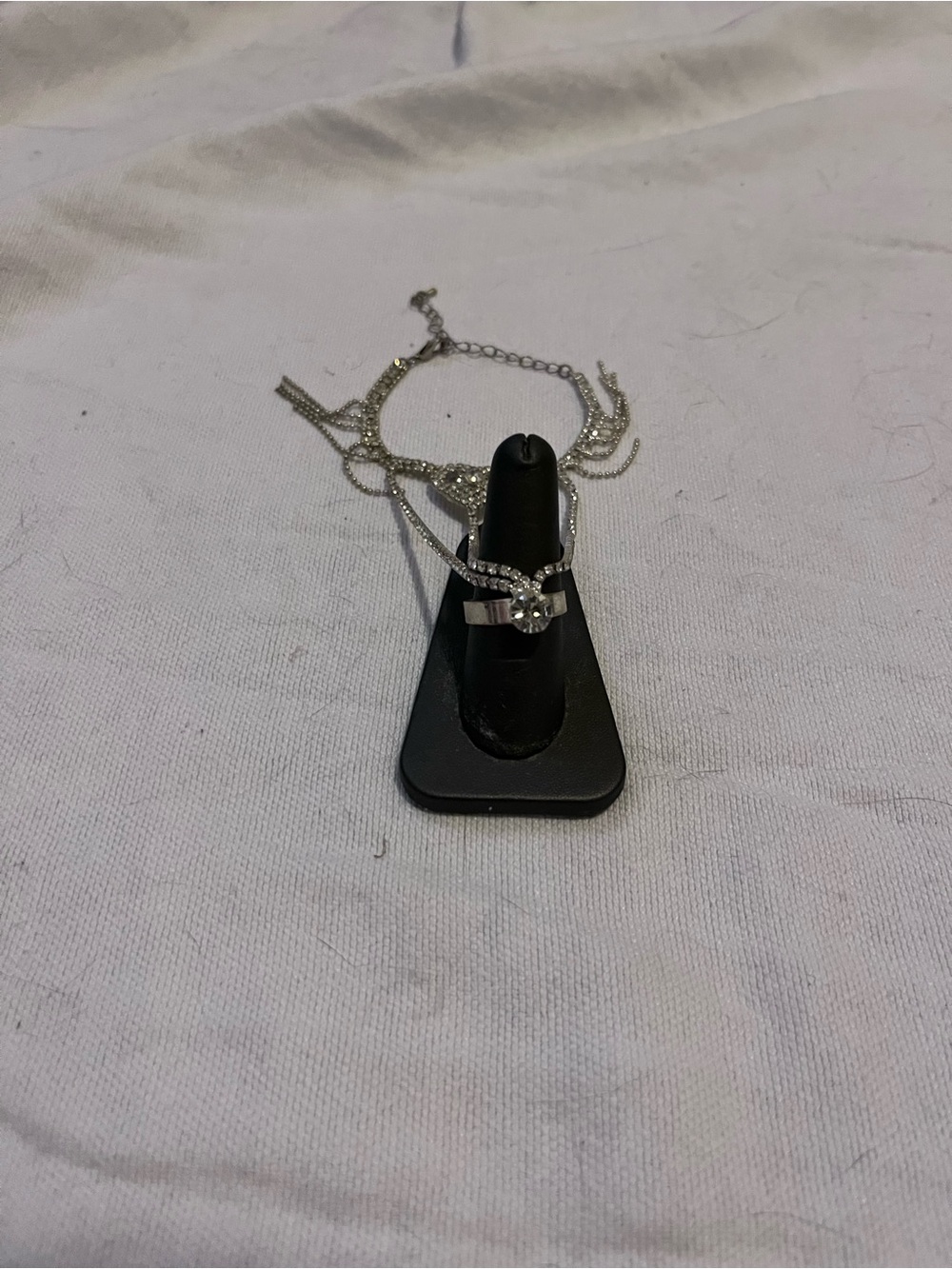 Silver-Tone Crystal Ring with Matching Chain Necklace - Women's Jewelry